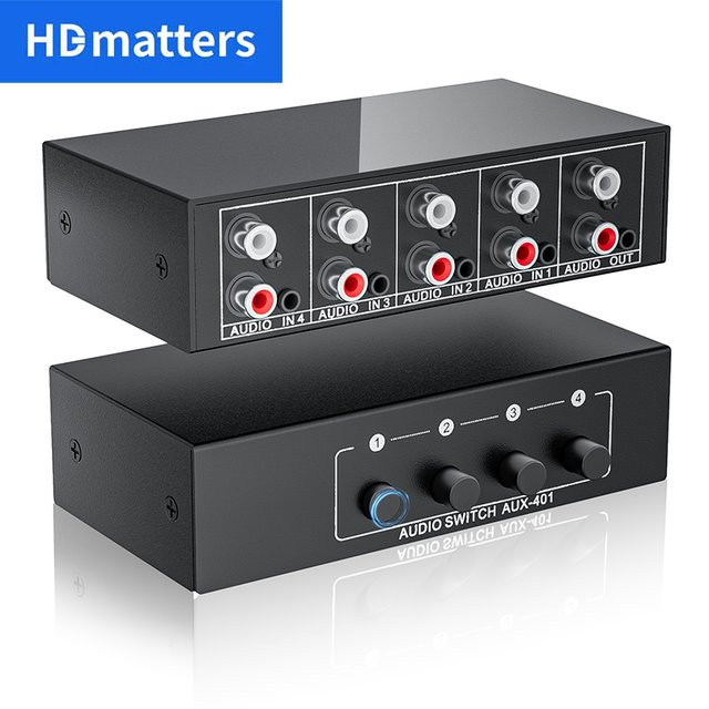 HDmatters RCA AUX Audio-Umschalter 4-in-1 Bidirektionaler Wahlschalter für 3,5mm Klinke und RCA L/R in Schwarz - Bild 1