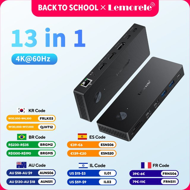 Lemorele 13-in-1 USB-C-Hub Dockingstation mit HDMI, DisplayPort, RJ45 Ethernet und 100W PD Ladegerät in Grau - Bild 1