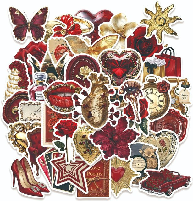 50 Stück GOGOTU Vintage Aufkleber in Rot und Gold, Ästhetische Cartoon-Sticker für Scrapbook und DIY, Wasserfeste Graffiti Sticker - Bild 1