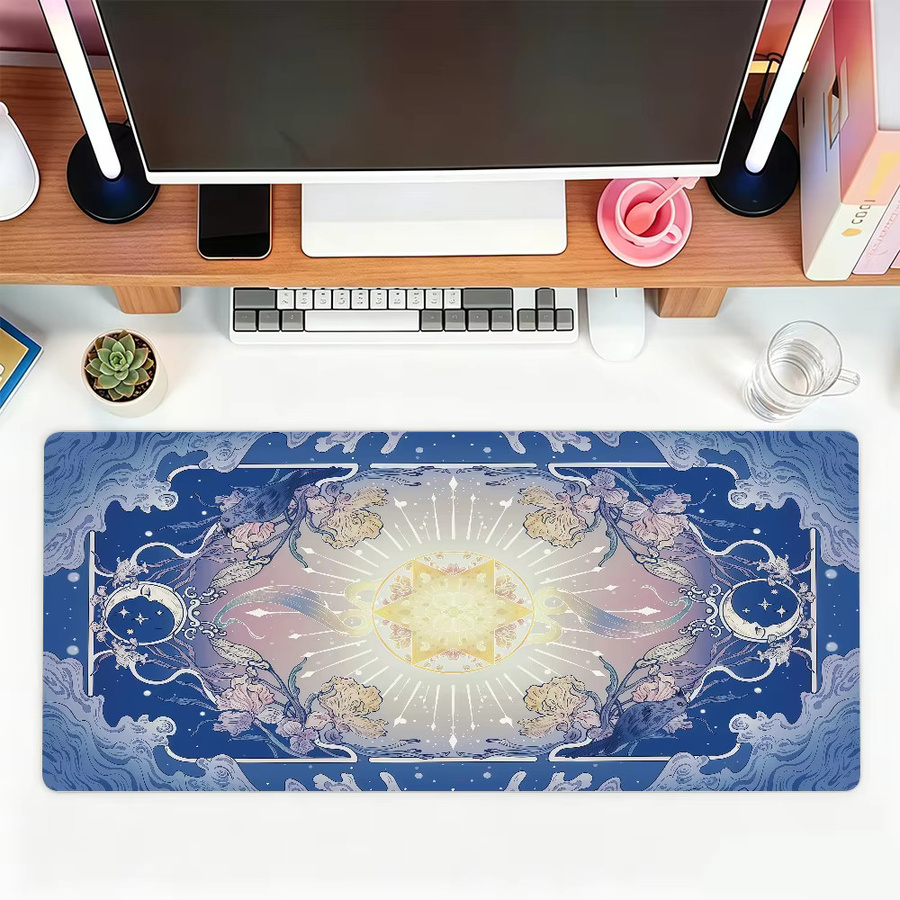 Großes Mauspad mit Sonne, Mond und Blumen in Blau für Büro und Gaming, rutschfest und wasserdicht - Bild 6