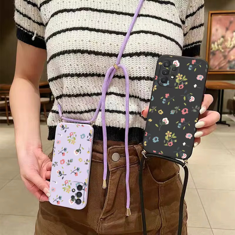 Silikon Handytasche mit Blumen-Motiv und Crossbody Lanyard für Samsung Galaxy A53 A54 A52 A51 A72 A50 A73 A32 A34 A21S A22 A24 in Purple - Bild 2