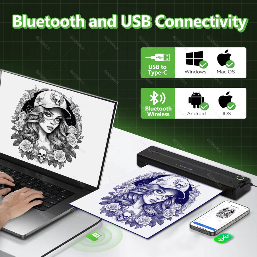 GZQIANJI A4 Mini Tragbarer Thermodrucker für Tattoo-Transfer-Schablonen mit Bluetooth und HD-Druckfunktion in Schwarz - Bild 2