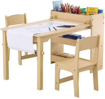 VEVOR Kinder Spieltisch Set mit 2 Stühlen aus Kiefernholz und MDF, 2-in-1 Bastel- und Aktivitätstisch für Kleinkinder mit Schrank, Beige/Braun - Bild 1