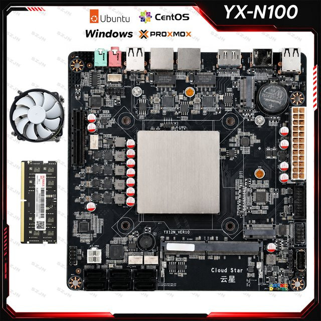 SZJN Mini ITX Motherboard N100 für DIY NAS, DDR4, 2x 2.5G RJ45, 6x SATA3.0, 2x M.2 NVME, Schwarz - Bild 1