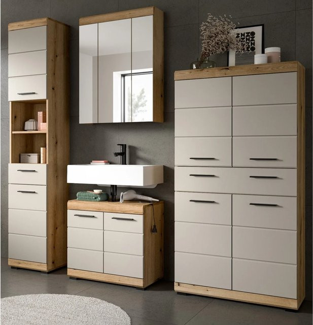 Inn.Furn Badmöbel Set Shawn in Sand und Eiche, 4-teilig mit Waschbeckenunterschrank, Spiegelschrank, Midischrank und Hochschrank - Bild 1
