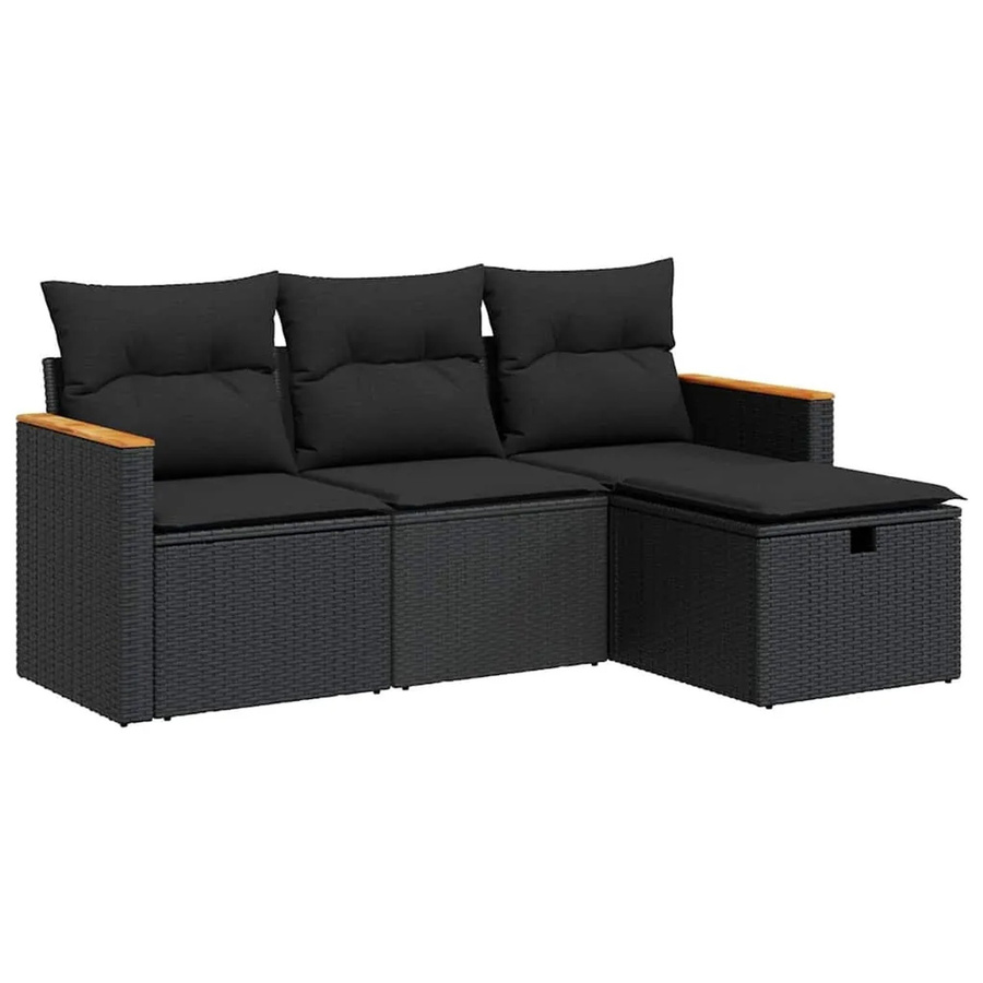 vidaXL 4-teilige Garten-Sofagarnitur aus Poly-Rattan und Akazienholz in Schwarz mit Kissen - Bild 2