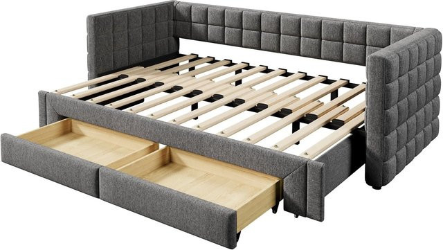 KOMHTOM Tagesbett als Sofabett in Grau mit quadratischer Rückenlehne, ausziehbarem Bett und 2 Schubladen, Samtbezug, B/T/H: 200 x 90 x 74 cm - Bild 1
