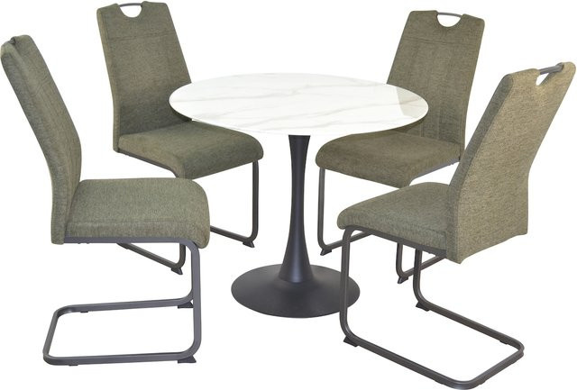 Möbel direkt online 5-teilige Tischgruppe mit rundem Esstisch in Marmoroptik und 4 Stühlen aus Metall und Sicherheitsglas in Schwarz und Weiß - Bild 1