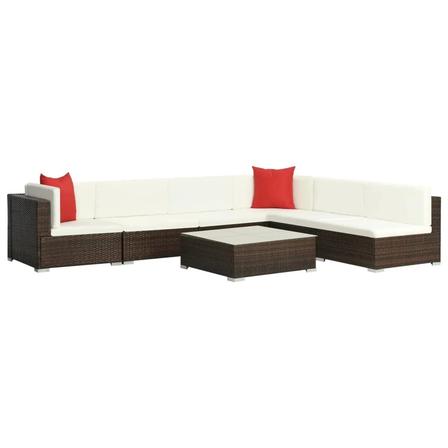vidaXL 7-tlg Garten-Lounge-Set Modell 3 aus Poly Rattan in Braun mit Auflagen und Couchtisch in U-Form - Bild 2