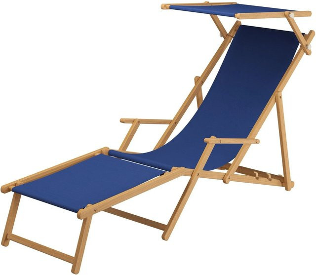 Erst-Holz Holz-Liegestuhl mit Sonnendach und verstellbarer Kopfstütze in Blau - Bild 1
