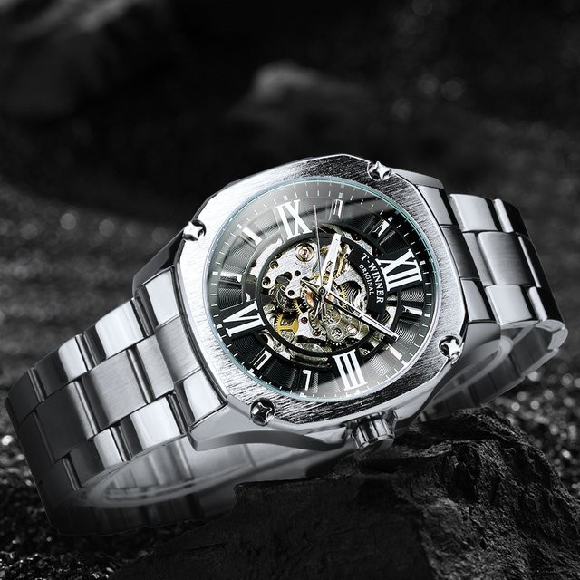 GEWINNER Armbanduhr, Automatik, Edelstahl, Eckig, Schwarz, Herren - Bild 1