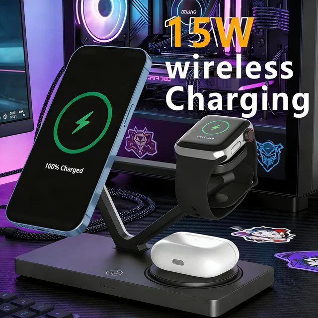 TIMESS 15 W Drahtlose Ladestation in Schwarz für iPhone, Apple Watch und AirPods mit Rücklicht - Bild 1