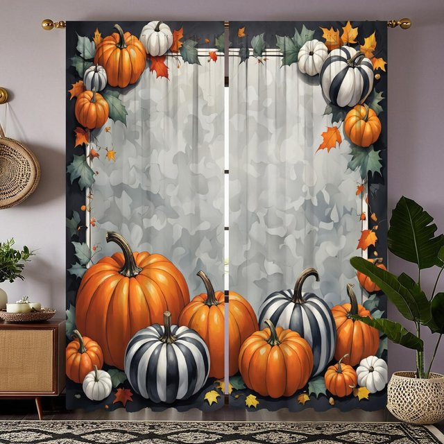 2er-Set Halloween Vorhänge mit Kürbis- und Ahornblatt-Print in Grau und Weiß, B: 132 cm, H: 160 cm - Bild 1