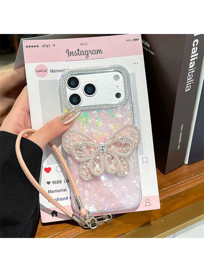MUQGEW Luxuriöse iPhone Handyhülle mit Laser-Herz-Shell-Muster und vergoldetem Diamant-Schmetterlings-Design in Gold, stoßfeste Schutzhülle für iPhone 17, 16, 15, 14, 13 Pro Max - Bild 5