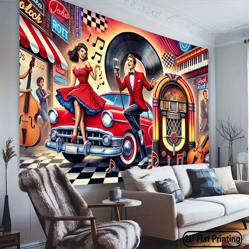 VIKAMA Retro Rock Hintergrundtuch mit amerikanischem Auto und Jukebox als Hängedekoration für Party und Bar, Mehrfarbig - Bild 3