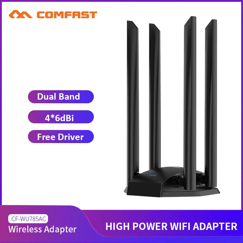 Comfast Free-Drive Dualband WLAN-Adapter mit 1300 MBit/s, Micro USB 3.0 Wireless-Netzwerkkarte, 4 x 6dBi-Antennen, Schwarz - Bild 2