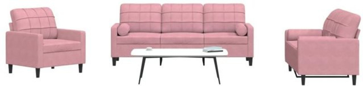 3-tlg. moderne Sofagarnitur mit Kissen und Nackenrollen aus Samt in Rosa von vidaxl - Bild 1