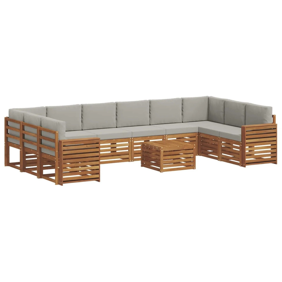 vidaXL Sofagarnitur 11-teilig L-Form aus Massivholz Akazie in Natur und Hellgrau mit Polsterung und Armlehnen - Bild 2