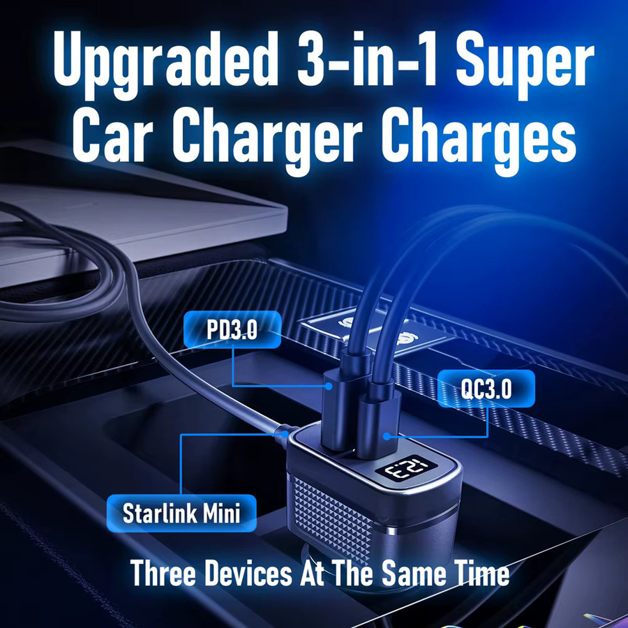 SZKOSTON Auto Power Adapter für Starlink Mini, 12V-24V Schnellladegerät mit Digital Display und 3m Kabel, Schwarz - Bild 3