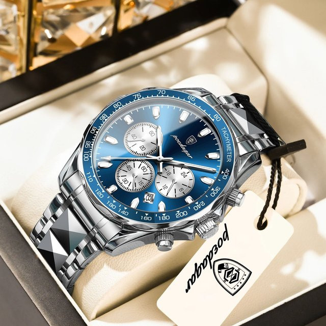 POEDAGAR Armbanduhr Chronograph, Quarz, Edelstahl, Herren, Blau - Bild 1