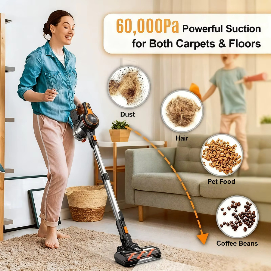 INSE S680 Kabelloser Staubsauger in Orange-Black mit 300W, 60000Pa Saugkraft, 60 Min. Laufzeit, LED-Beleuchtung und 1,2l Staubbehälter für Tierhaare und Auto - Bild 4