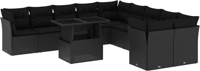 vidaXL 11-teilige Garten-Sofagarnitur in L-Form aus Polyrattan mit Kissen und Gartentisch, Schwarz - Bild 1