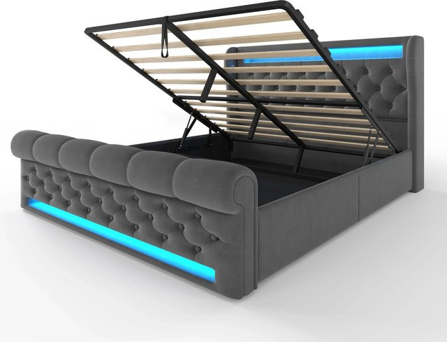 Merax Polsterbett mit USB-C Ladestation und LED-Unterbettbeleuchtung in Grau, B/T/H: 140 x 200 x 146 cm - Bild 1