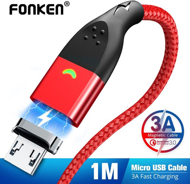 FONKEN Magnetisches Micro-USB-Ladekabel mit USB-Typ-C Anschluss, 3 A Schnellladekabel, rot, Länge: 1 m - Bild 1