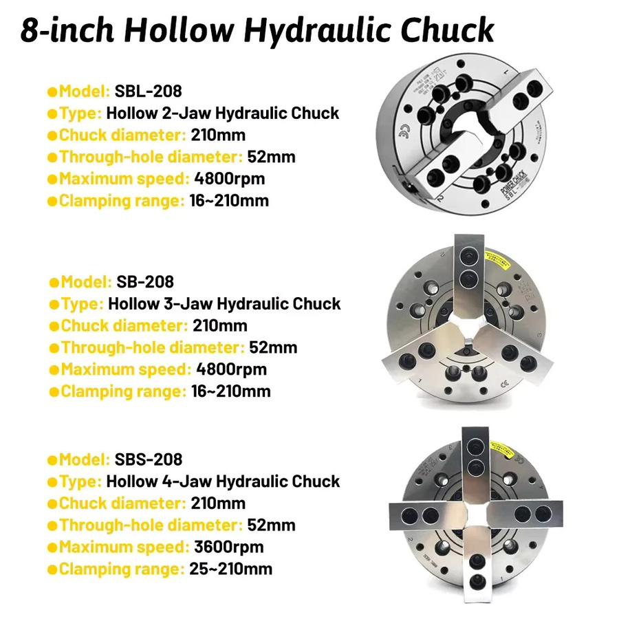 YUN DUAN Hydraulisches Spannfutter 8 Zoll mit Durchgangsloch für Hochgeschwindigkeits-CNC-Drehmaschinen, Farbe: Silber - Bild 1