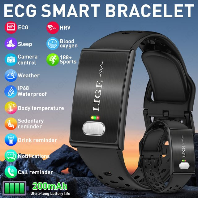 LIGE EKG Smartwatch Schwarz mit über 100 Sportmodi, Herzfrequenz- und Blutsauerstoffmessung sowie Gesundheitsmonitor für Männer und Frauen - Bild 1