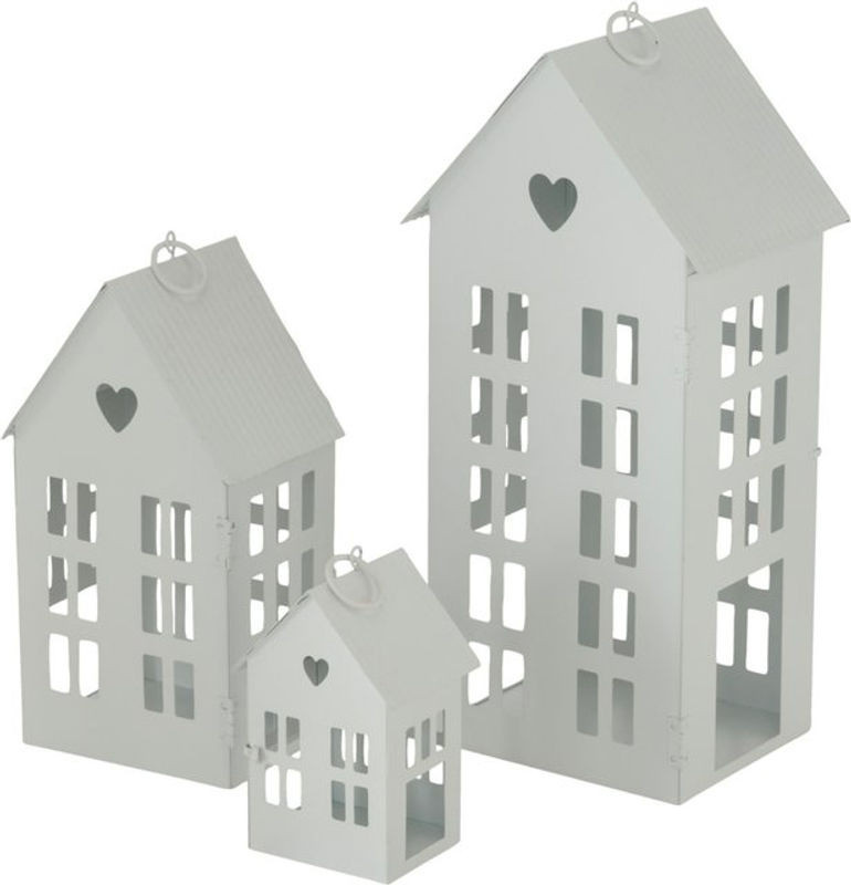 3er Set Deko-Laternen in Hausform von SPETEBO aus Metall in Weiß, Windlicht und Kerzenhalter im Landhausstil, Höhe: 35 cm, 24 cm und 13 cm - Bild 1