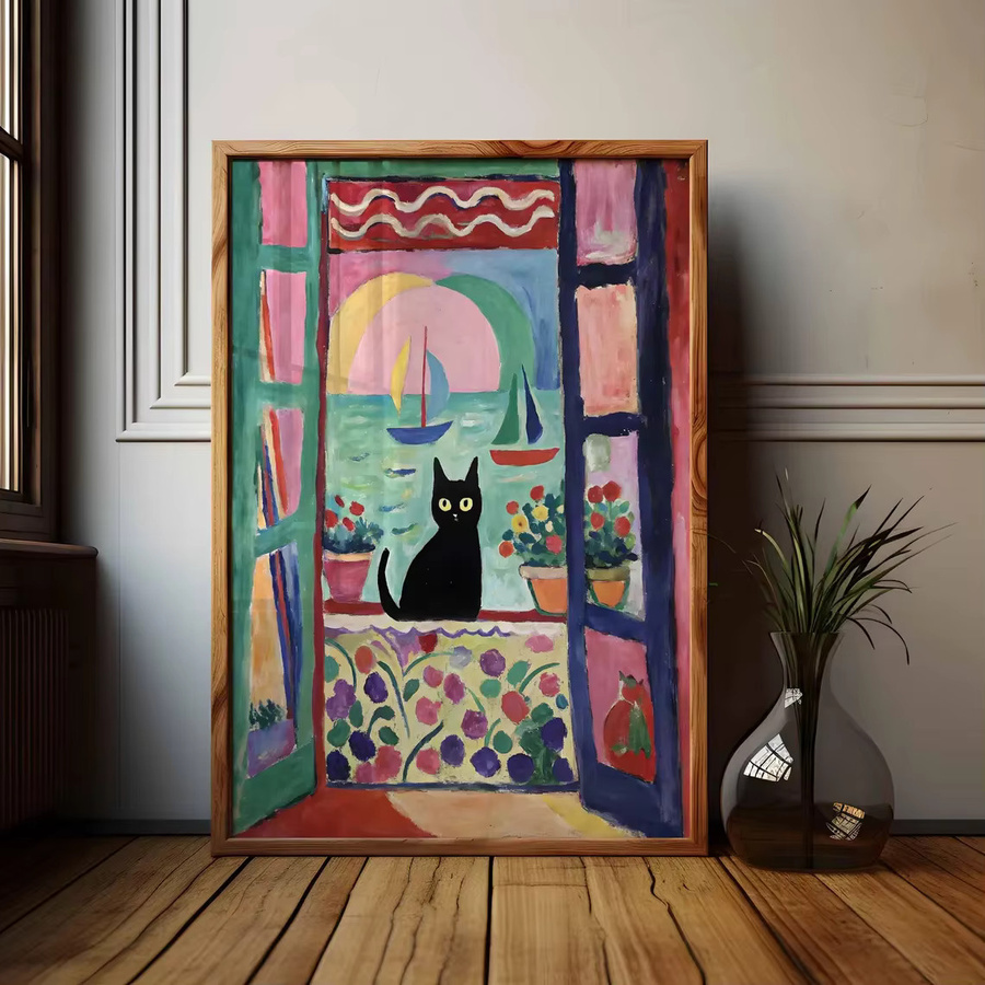 Henri Matisse Cat Print Modernes Poster mit Katzenmotiv und floralen Elementen in Mehrfarbig auf Papier - Bild 4