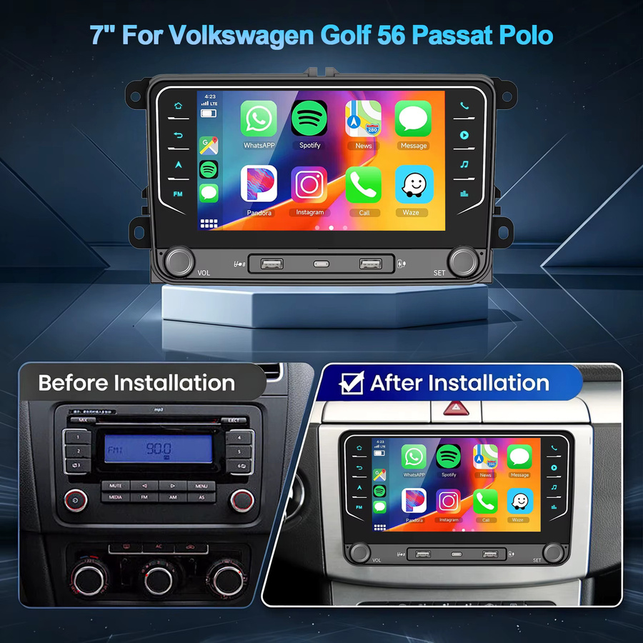Essgoo Android 15 Autoradio mit 7 Zoll Display, 4+64G Speicher, kabellosem Carplay, Android Auto, GPS-Navigation und WLAN für Skoda, Seat, VW Octavia, Polo, Caddy, EOS, Tiguan, Passat, Jetta, Golf, Rabbit, T5 und Sharan, Schwarz - Bild 2