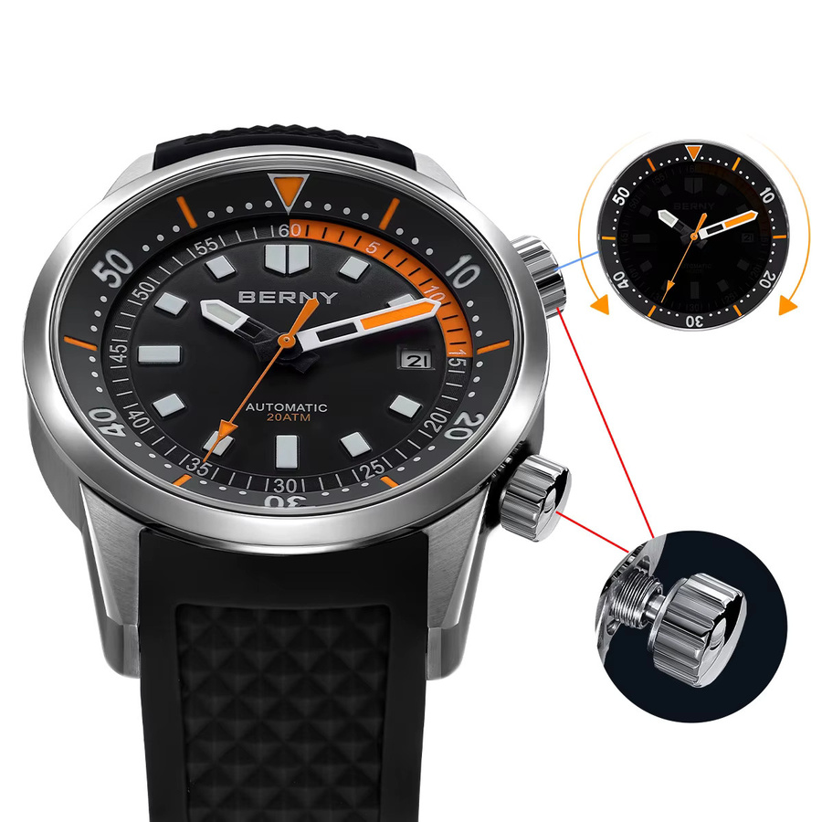 BERNY Armbanduhr, Automatik, Edelstahl, 42 mm, Herren, Schwarz, Silber - Bild 3