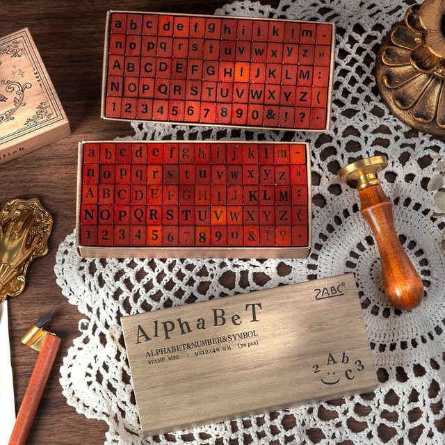 Retro Holz-Gummi-Alphabet-Buchstaben-Stempelset in Braun für Scrapbooking und DIY, 70 Stück pro Box - Bild 1
