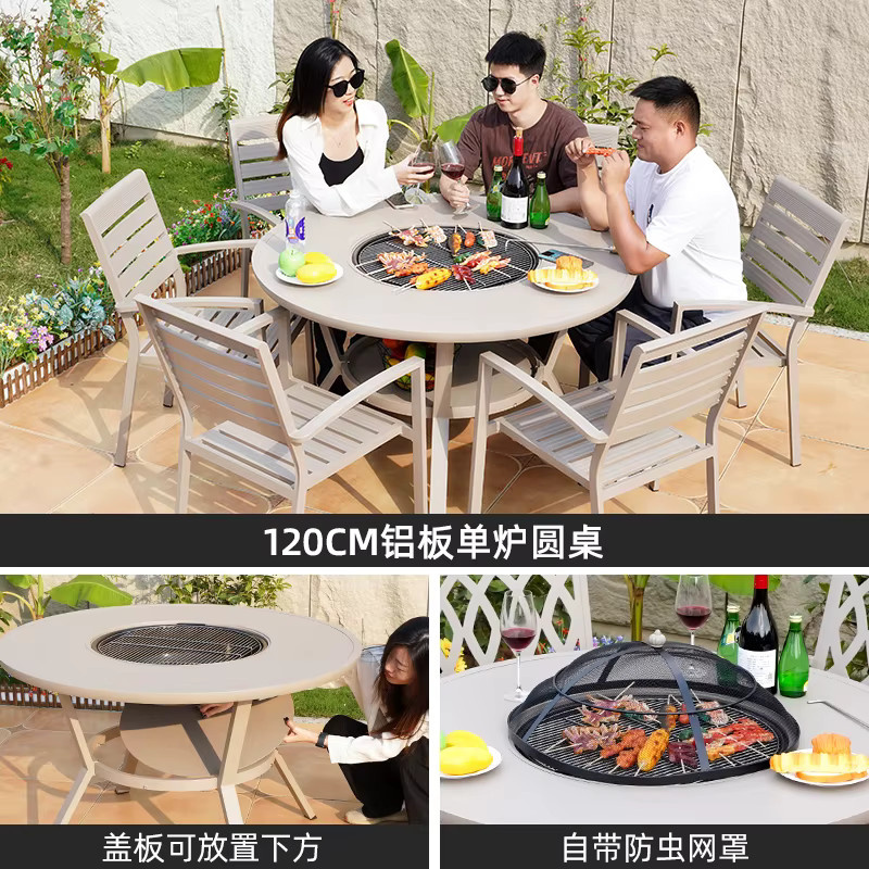 Beiger Outdoor-Grilltisch aus Aluminiumguss für Garten und Terrasse mit Grillfunktion für Holzkohle oder Elektro sowie Hot Pot und Teetisch-Option - Bild 4