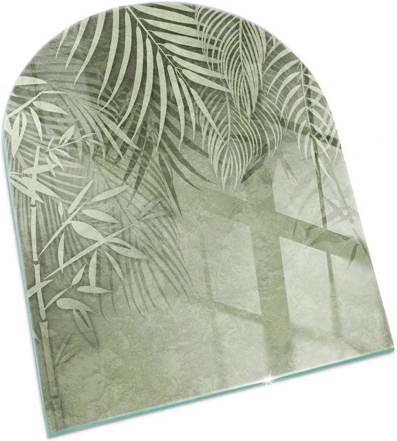 Tulup Glasplatte für Kamin mit tropischen Blättern in Grün, Halbkreis, B: 80 cm, H: 70 cm - Bild 1