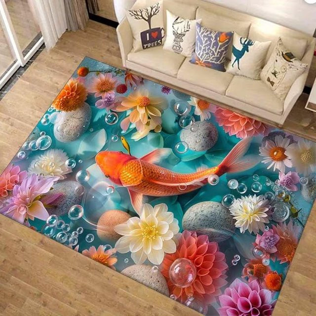 Lodestar 3D Koi Lotus Matte Teppich mit Aquatischem Design, Rutschfest und Maschinenwaschbar, B/H: 60 x 40 cm, Multicolour - Bild 1