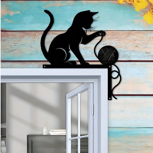 DDPNKL Katzen-Silhouette aus Metall in Schwarz als hängendes Dekoschild - Bild 1