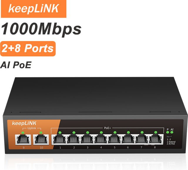 KeepLiNK KP-9000-10GP-MAC 10-Port Gigabit Unmanaged Switch mit 8-PoE und 2-RJ45 Uplink, 135W PoE Budget, Schwarz - Bild 1