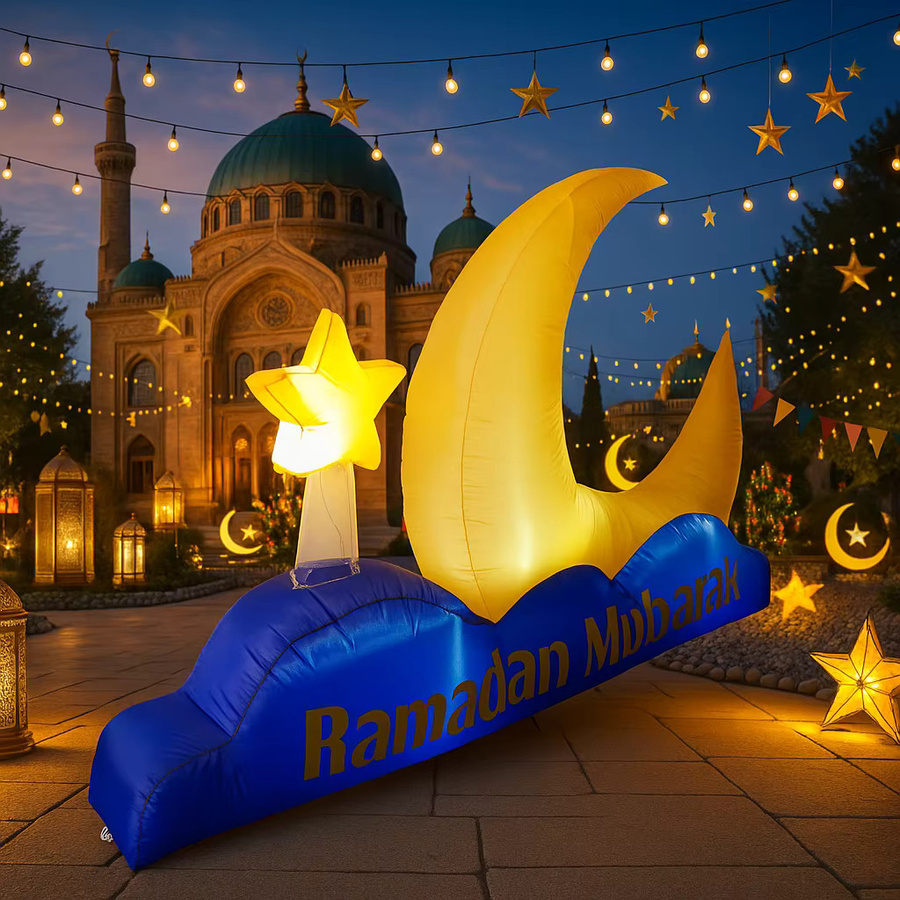 Aufblasbare LED Ramadan Dekoration mit Mond, Wolken und Sternen in Gelb, Höhe: 180 cm - Bild 3