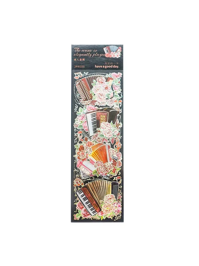 2 Sets mit 6-teiligen goldenen holografischen Aufklebern im Melodie-Blumeninstrument-Design für Tagebücher und Einladungen von leaffei - Bild 5
