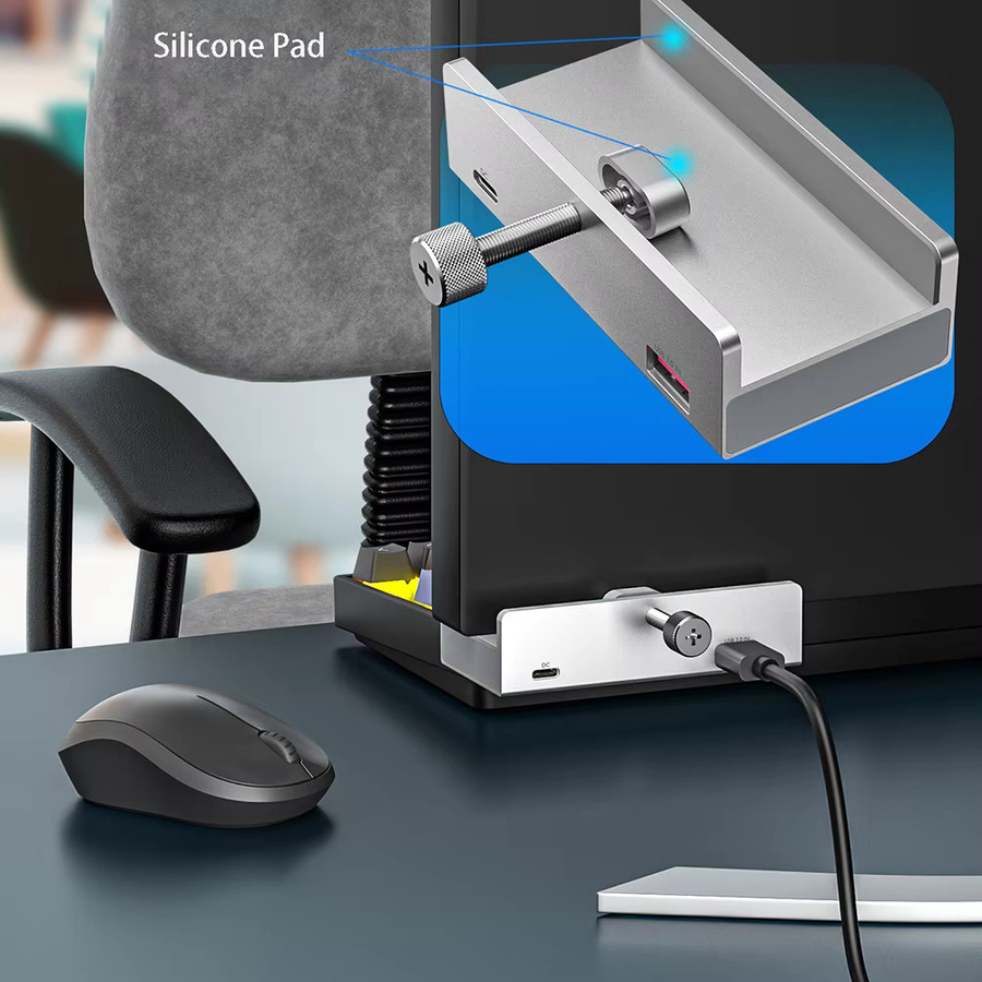 OULLX USB-C Dockingstation Schreibtischhalterung mit 3,5 mm AUX-Anschluss und Micro SD Kartenleser in Schwarz und Silber - Bild 2
