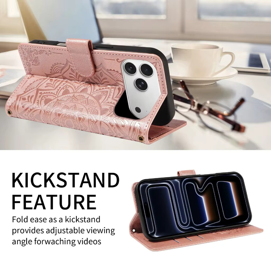 SZMUGUA Crossbody Handyhülle aus geprägtem PU-Leder mit Mandala-Design und Kartenhalter für iPhone, Farbe: Rot - Bild 1