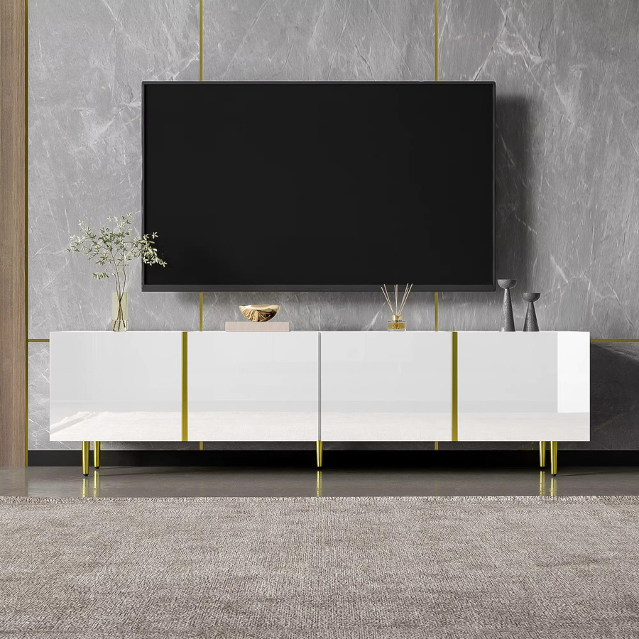 Svintora Moderner TV-Schrank in Weiß mit Goldakzenten und Hochglanz-Finish für dein Wohnzimmer - Bild 2