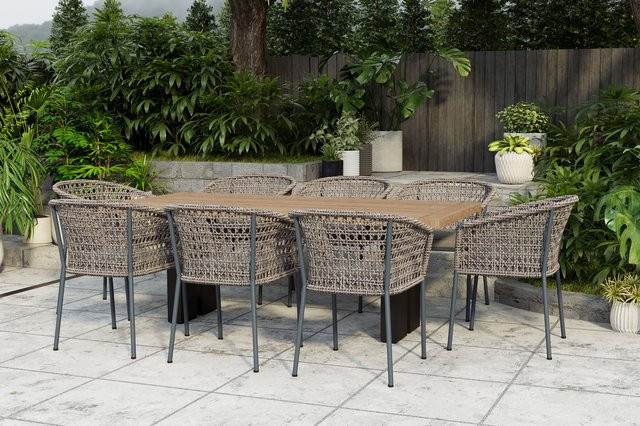 OUTFLEXX Bob/Zui Garten-Essgruppe aus Aluminium, recyceltem Teakholz und Rope in Anthrazit/Hellgrau mit 8 Sesseln und Polstern, Tisch B: 220 cm, T: 100 cm - Bild 1
