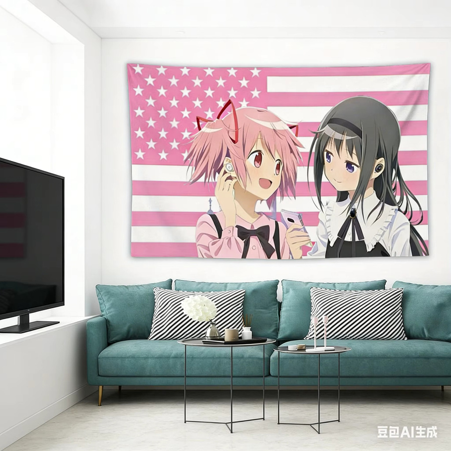 Anime Wandteppich Madoka & Homura mit USA-Flaggen-Druck in Rosa, Polyester Wandbehang für dein Schlafzimmer oder Wohnzimmer, Breite: 60 cm, Höhe: 40 cm - Bild 2