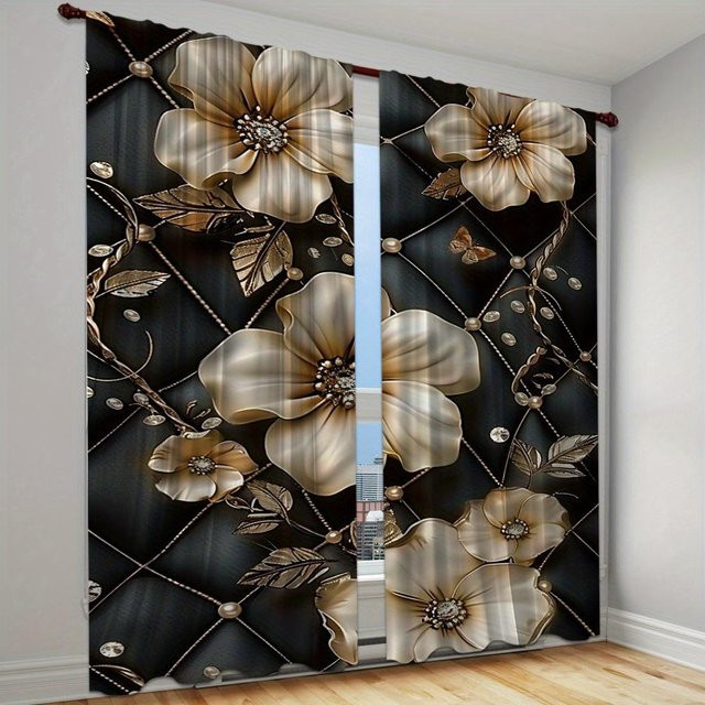 2-teiliges Set semi-transparente Vorhänge mit Rosen- und Schmetterlingsmuster von Yiran Furniture in Rosa und Schwarz, B: 100 cm, H: 130 cm - Bild 1
