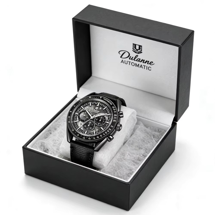 dulunwe Armbanduhr Automatik, Leder, Silber, Wochentag, Datum, Herren - Bild 5