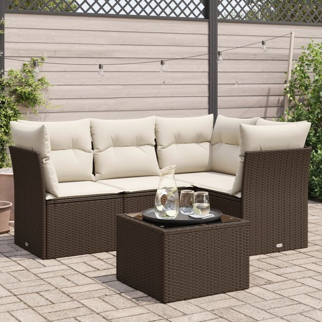 vidaXL 5-tlg. Garten-Sofagarnitur in L-Form aus Polyrattan mit Kissen, Braun - Bild 2